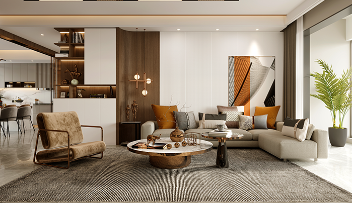 Sliding Plywood Screens for Flexible Layouts - Drawing Room Interior Design
