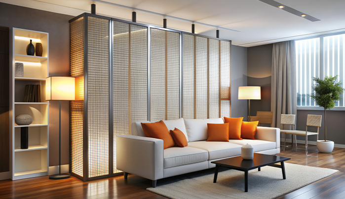 Metal Frame with Wooden Inserts - Living Room Divider Ideas