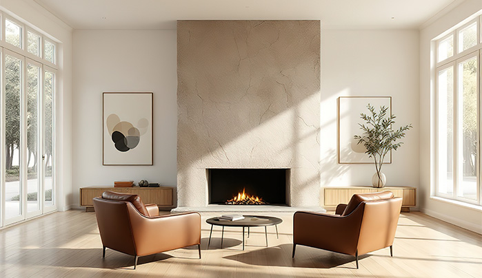 Modern living space with wood veneer