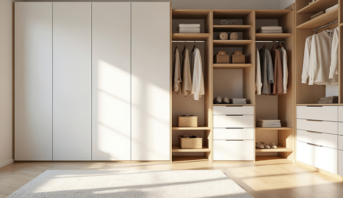 Luxurious Comfort with Ivory and Walnut - Stylish Sunmica Designs for Wardrobe