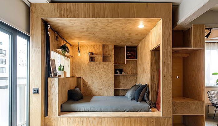 plywood bed nook with modern decor