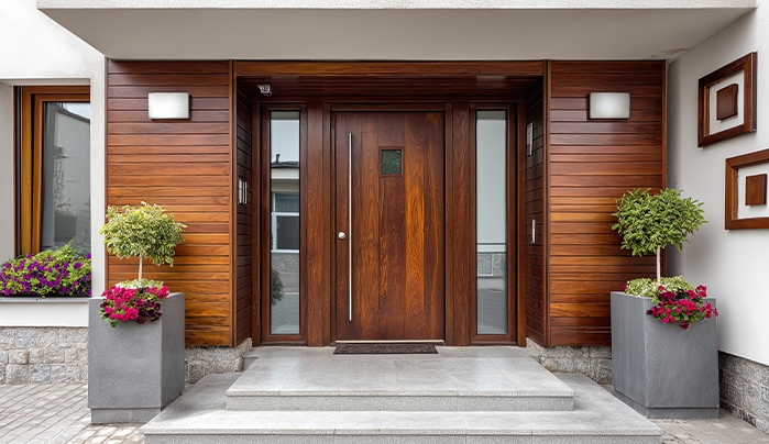 Paneled Teak Door with Metallic Accents
