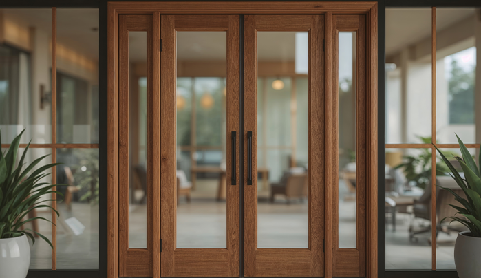 Teak Wood Door with Frosted Glass Panels