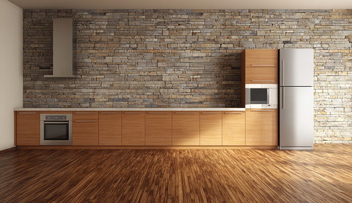 Modern kitchen with wood texture laminate cabinets - CenturyPly