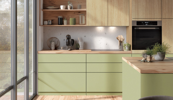 Open kitchen with  laminate cabinetry- CenturyPly